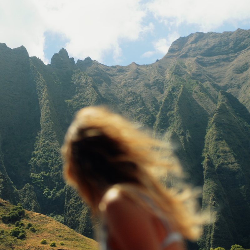 Fluted green sea cliffs rising behind a figure in the foreground