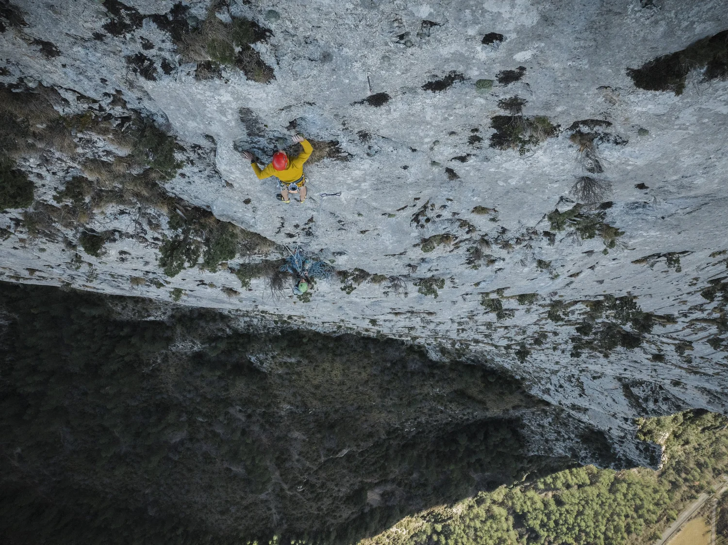 Aerial view of a climber on limestone